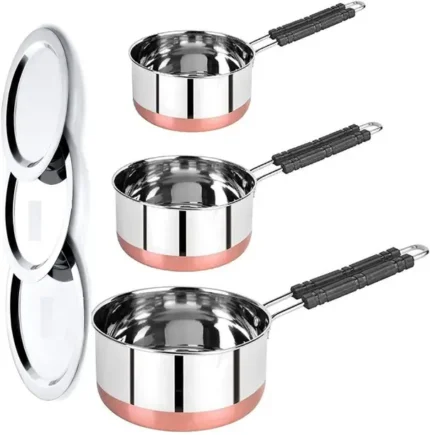 LIMETRO STEEL Set of 3 Flat Bottom Copper Base Saucepan with Lid / Tea Coffee Pan Set Induction Bottom Cookware Set  (Stainless Steel, 3 - Piece)