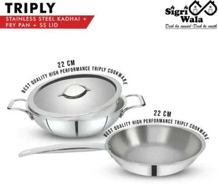 Sigri-wala Cook Healthy Triply 3 PCS Combo Set Kadai 22cm,Fry Pan 22cm,LID 22cm Induction Bottom Cookware Set  (Triply, 3 - Piece)