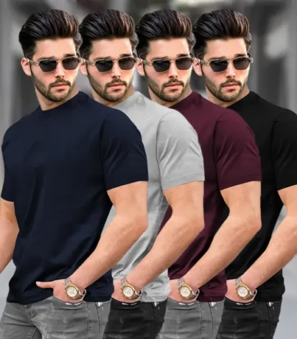 Pack of 4 Men Solid Round Neck Cotton Blend Multicolor T-Shirt